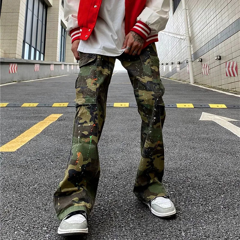 Men's Pants Y2K Fashion Ink Graffiti Baggy Tracksuit Cargo Flare Pants Men Joggers Camouflage Women Casual Long Trousers Ropa Hombre 231129