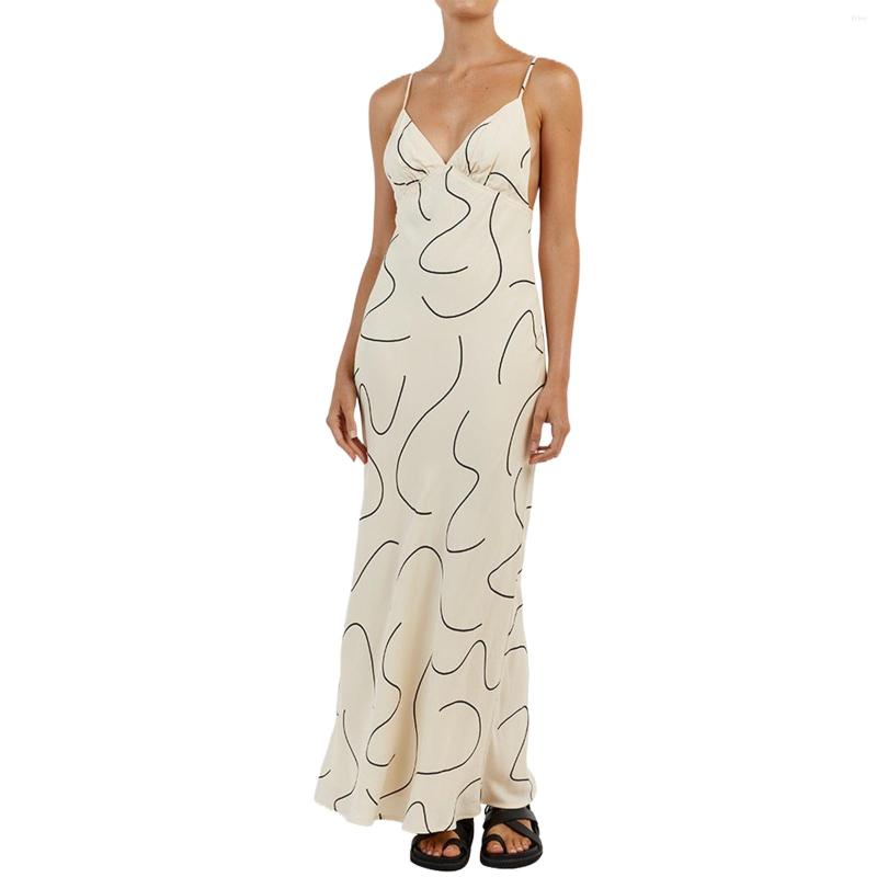 Casual Dresses Women Sling Sleeveless V Neck Print Party Spring Summer Dress Apricot