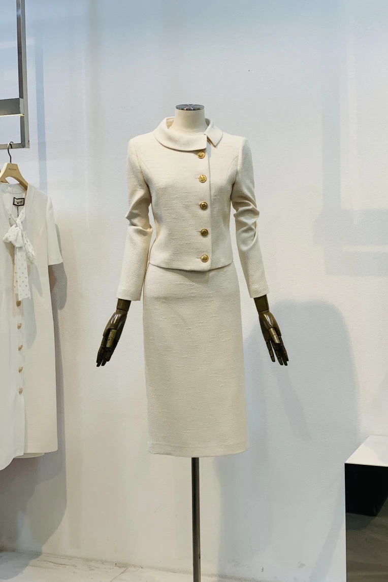 Two Piece Dress Autumn Fashion Elegant Long Sleeve Slim-Fit Single Breasted Tweed Coat Office Lady Mid-calf Skirt Two-piece Set Women Outfit 231129