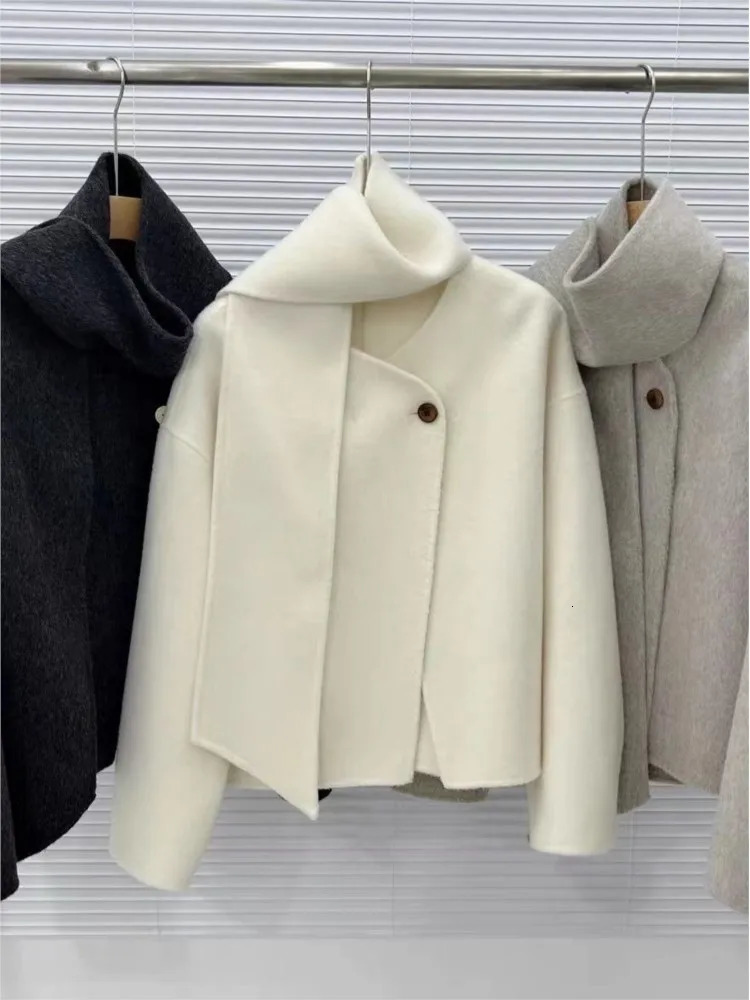 Women Blends 2023 Autumn Winter Scarf Collar Short Double sided Cashmere Coat Round Neck Casual Loose Streetwear Fashion 231130