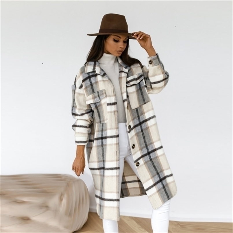 Women's Wool Blends Women's Outerwear Fashion Plaid Woolen Coat Long Sleeve Plaid Print Button Open Front Long Cardigan Outerwear 231101