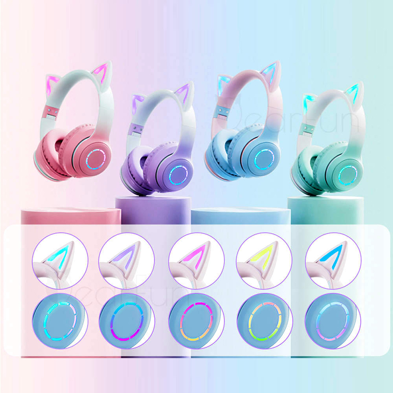 Headphones Gradient pink cat ear Headphones with microphone for kawaii girl kids phone mp3 Hi-Fi stereo music glowing wireless Earphones