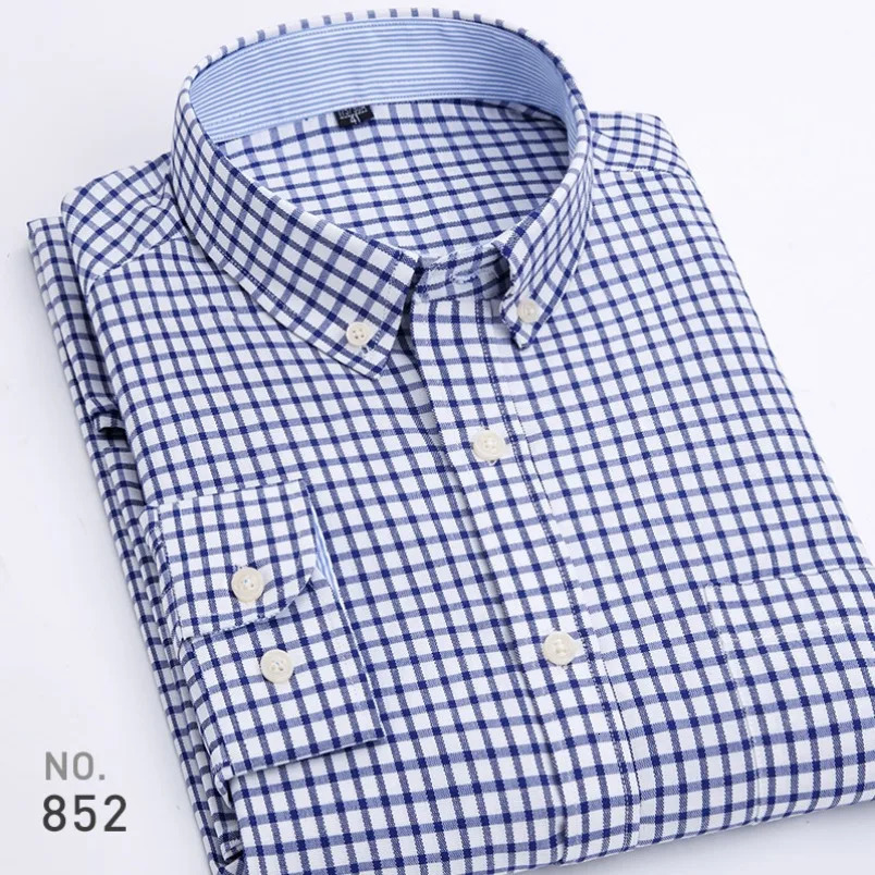 Men's Casual Shirts High Quality Mens Cotton Oxford Striped Single Patch Pocket Long Sleeve Regular-fit Comfortable Casual Button-collar Shirt 23