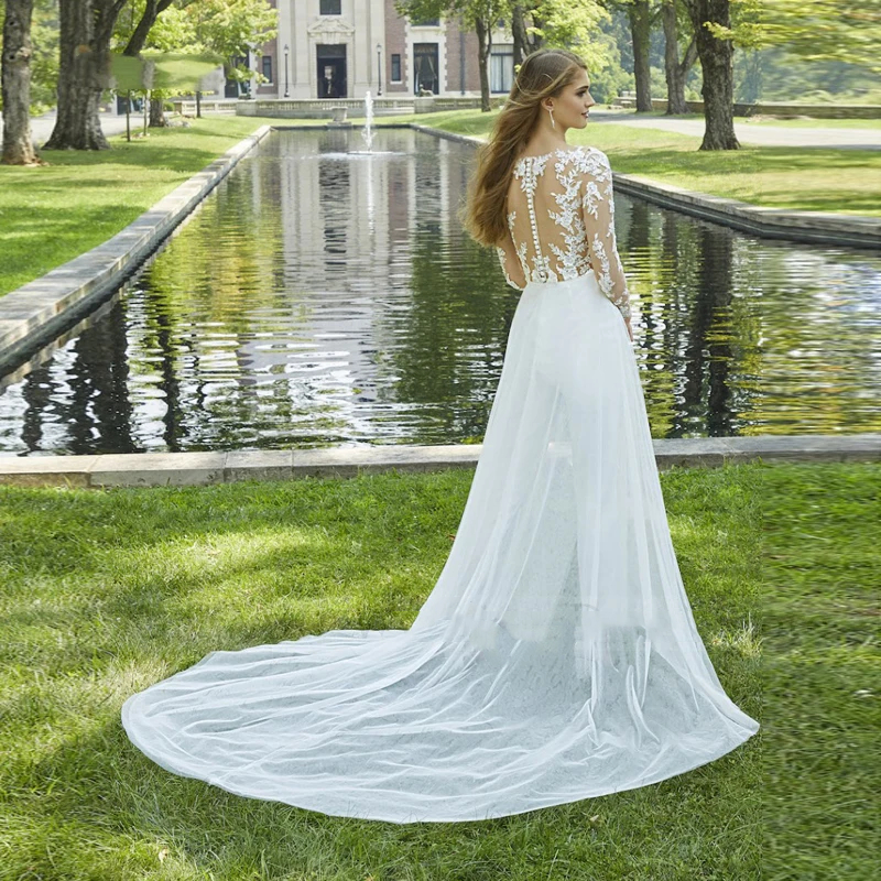 Boho Lace Jumpsuit Wedding Dresses for Women Sweep Train A-Line Lace Appliques Long Sleeves Sexy Beach Bridal Gown Illusion Back Ivory Vestidos De Nov