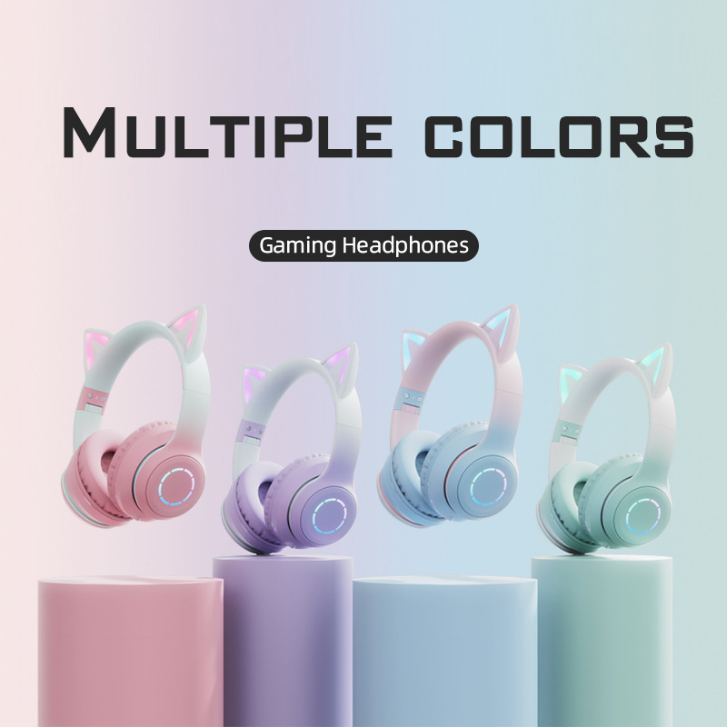 Headphones Gradient pink cat ear Headphones with microphone for kawaii girl kids phone mp3 Hi-Fi stereo music glowing wireless Earphones