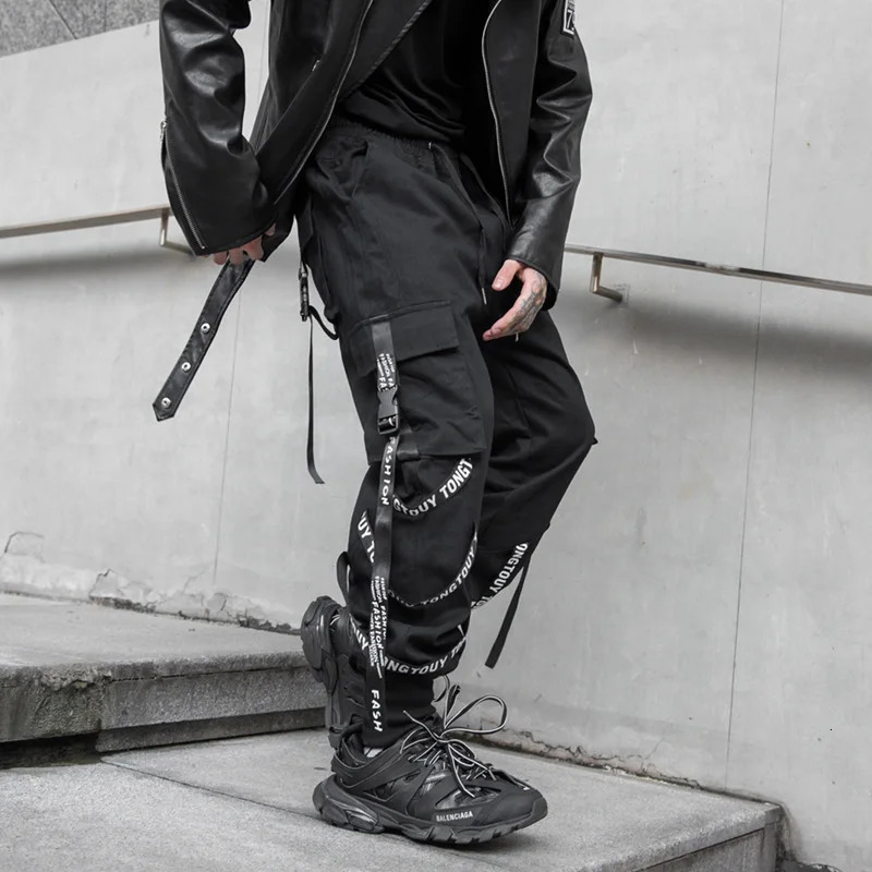 Men's Pants HOUZHOU Black Cargo Pants Men Joggers Cargo Trousers for Men Jogging Japanese Streetwear Hip Hop Hippie Techwear Gothic Ribbon 231129