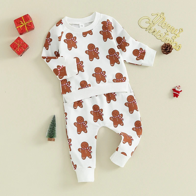 Clothing Sets Baby Girls Christmas Pants Sets Long Sleeve Gingerbread Print Sweatshirt Tops Drawstring Clothe Sets 231129