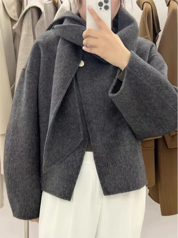 Women Blends 2023 Autumn Winter Scarf Collar Short Double sided Cashmere Coat Round Neck Casual Loose Streetwear Fashion 231130