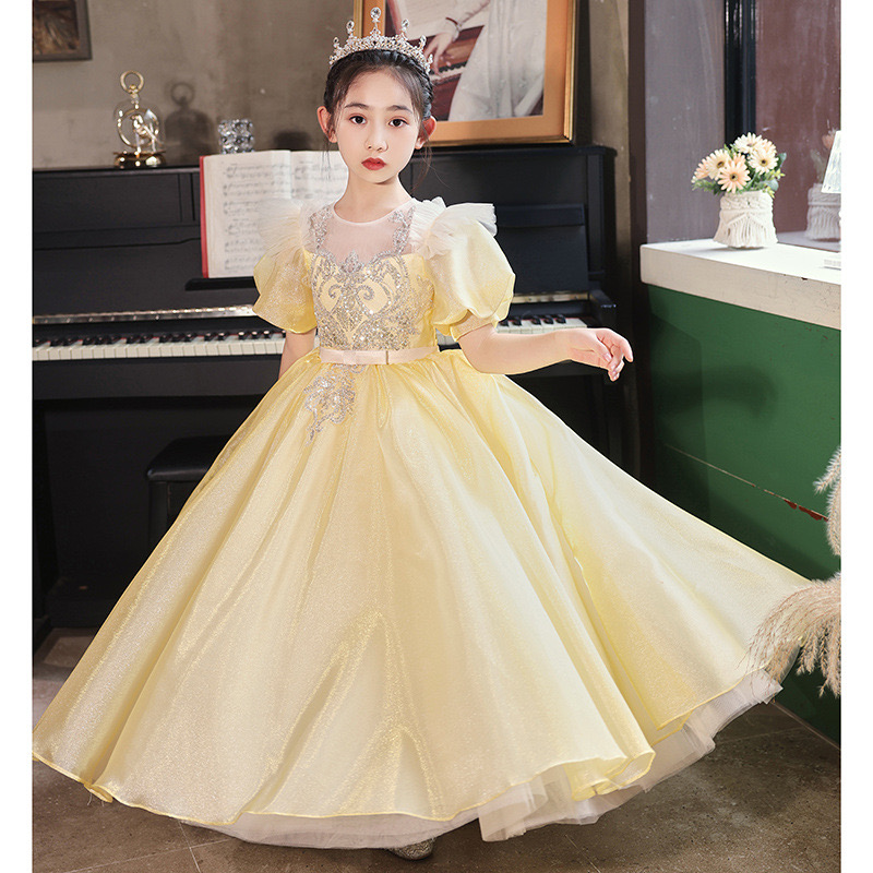 yellow sequined Flower Girls Dresses For Weddings Ruffles Lace Tulle Pearls Backless Princess Children Wed Birthday for Kid Child prom Ball Gown Even 