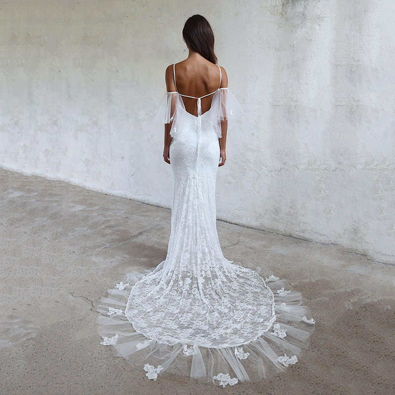Vintage Tulle Wedding Gown For Bride Backless Lace Mermaid Wedding Dress Trendy Classic Applique Spaghetti