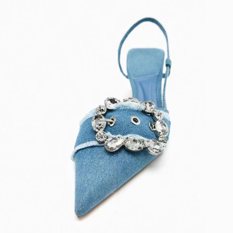 Dress Shoes Denim Glitter Woman Pumps Wedding Bride Slingback Pointed Toe Stilito Low Heel Elegant Ladies 231130