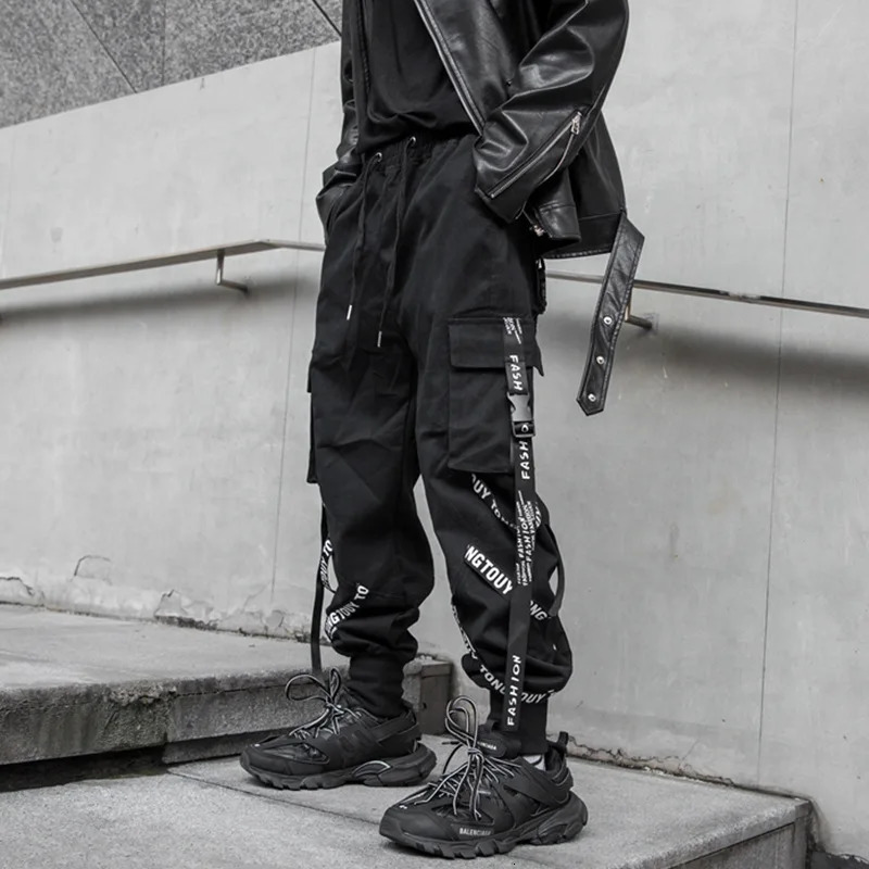 Men's Pants HOUZHOU Black Cargo Pants Men Joggers Cargo Trousers for Men Jogging Japanese Streetwear Hip Hop Hippie Techwear Gothic Ribbon 231129