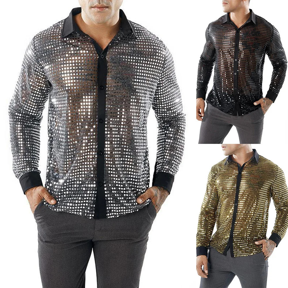 Men's Casual Shirts Mens Sparkly Sequins Party Dance Shirts Retro 70s Disco Nightclub Shirt Tops 231129