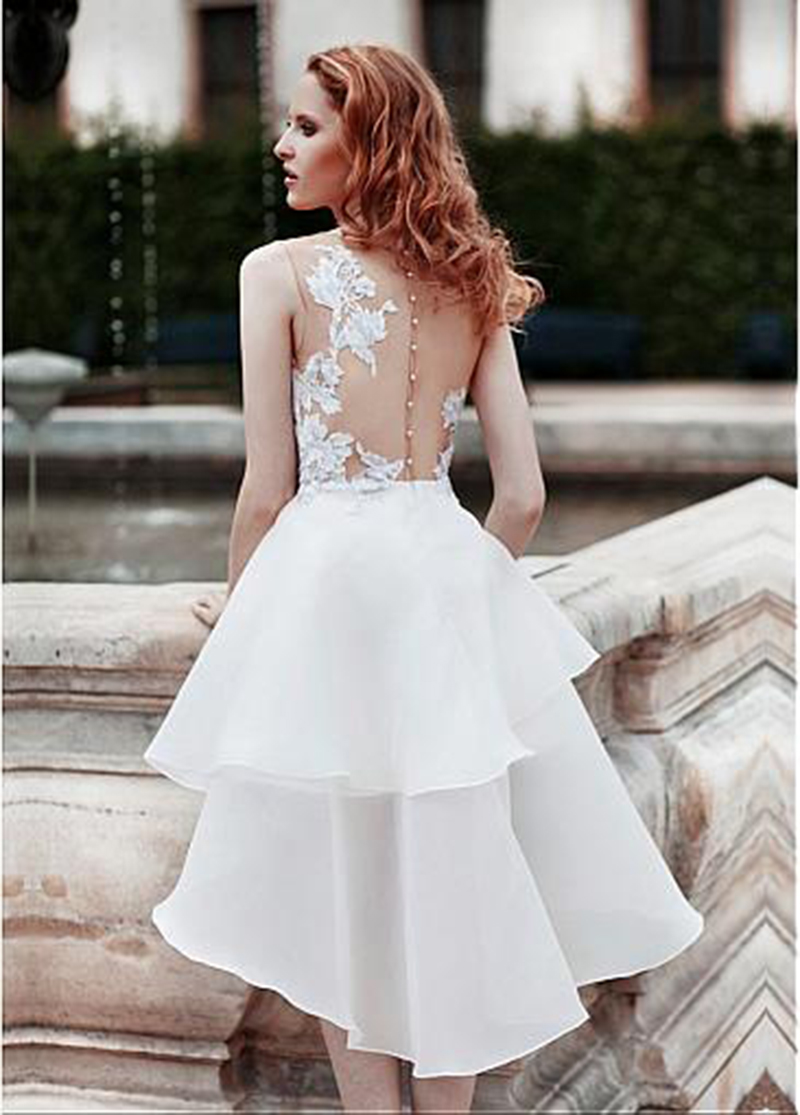 Charming A-Line Wedding Gown For Bride Short Wedding Dresses Sheer Neck Sleeveless Mordern Jewel Hollow Cascading Ruffles