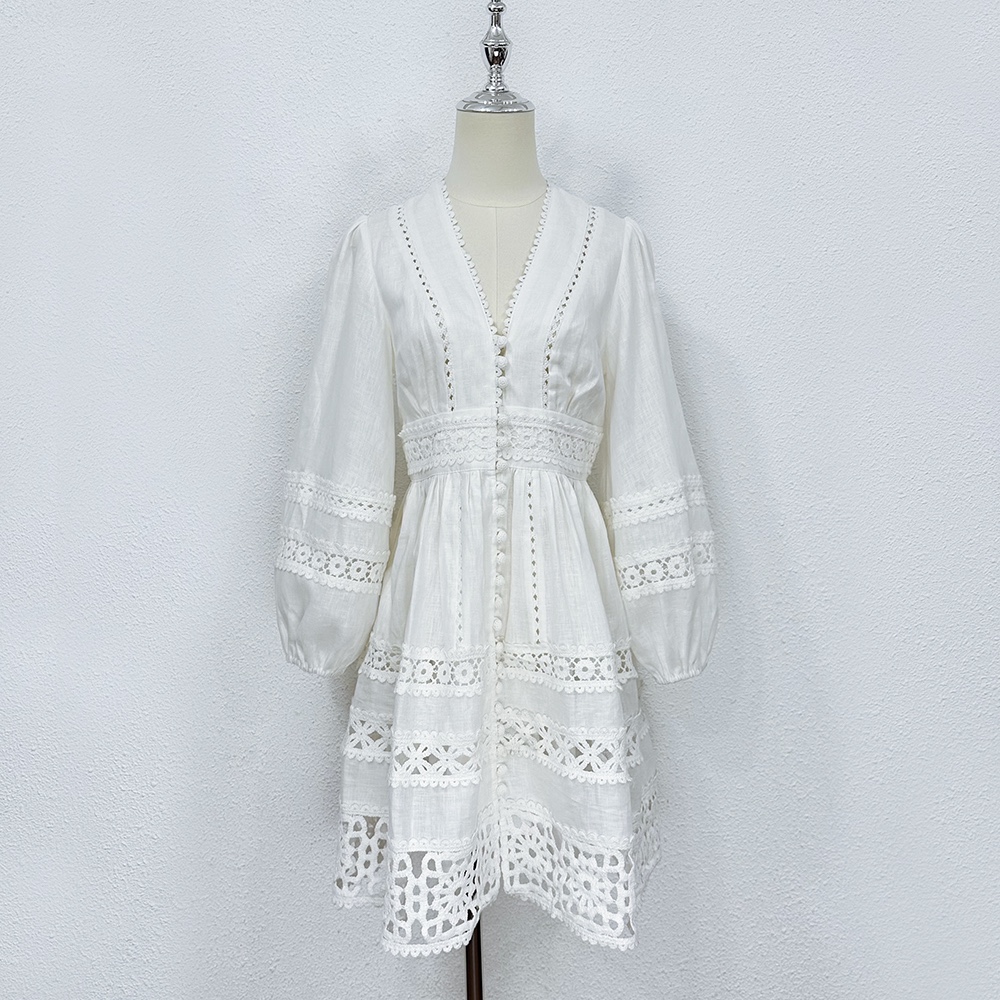 Casual Dresses Luxury designer designs high-end, delicate, and gentle white V-neck with waistband cut out lantern sleeves and lace stitching short dress