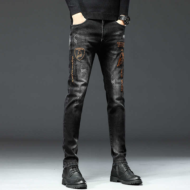 Black jeans men autumn and winter thick slim-fit small foot embroidery fashion brand high-end stretch small straight pants Q231130
