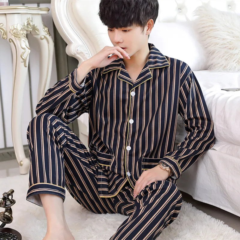 Men's Sleepwear CAIYIER Autumn Winter Men Pajamas Set Turn-down Collar Long Sleeve Trousers Sleepwear Leisure Pyjama Night Pijamas Home Wear 3XL 
