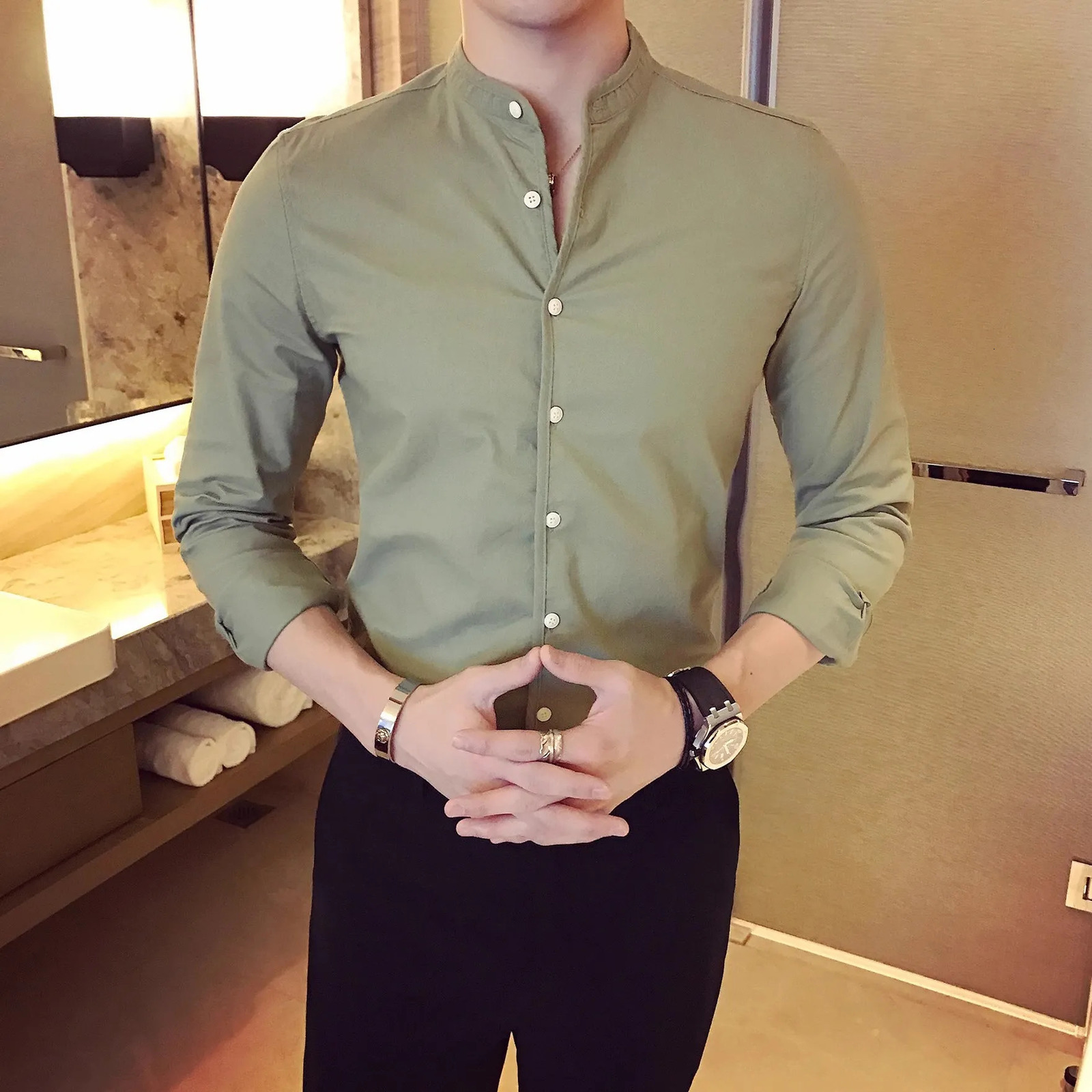 Men's Casual Shirts Mens Fashion High-quality Pure Cotton Solid Color Stand-up Collar Casual Business Long-sleeved Shirt Mens Slim Casual Shirt 2