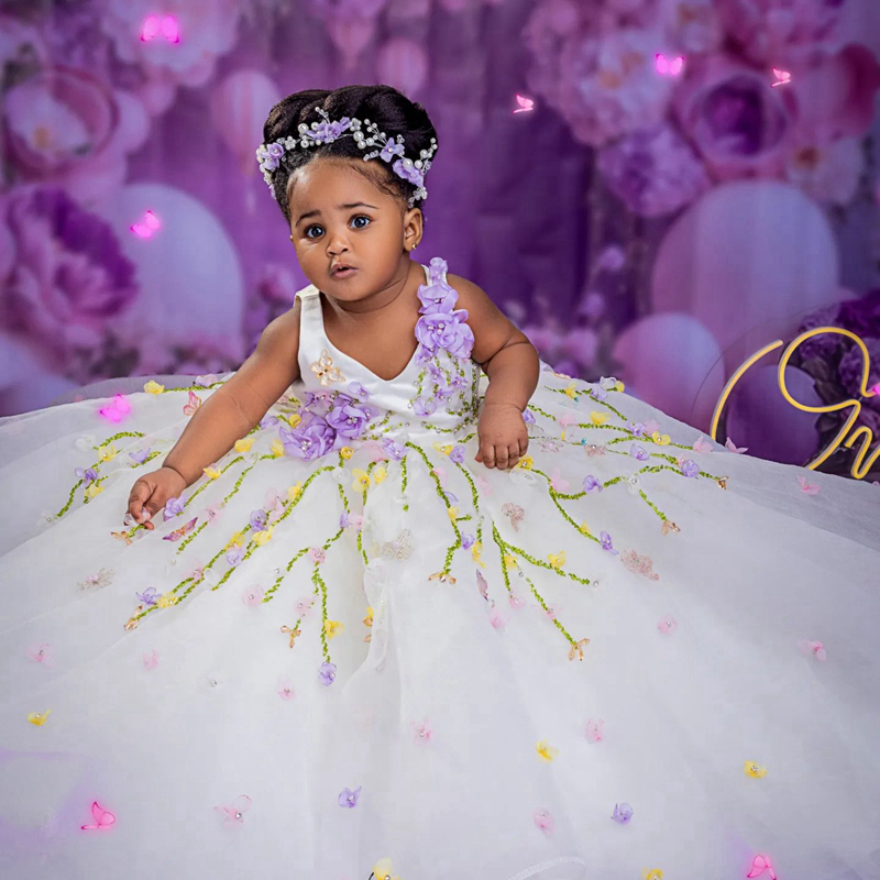 White Gorgeous Flower Girl Dresses Tiered Colorful Hand Made Flowers Pearls Lace Beaded Princess Queen Ball Gowns Girls' Dress For Wedding Birthd