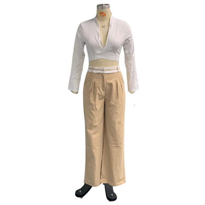 Women's Two Piece Pants Waytobele Women Two Piece Set Fashion Solid Long Sleeve Lapel V Neck High Single Button Short Top Loose With Pockets Pant
