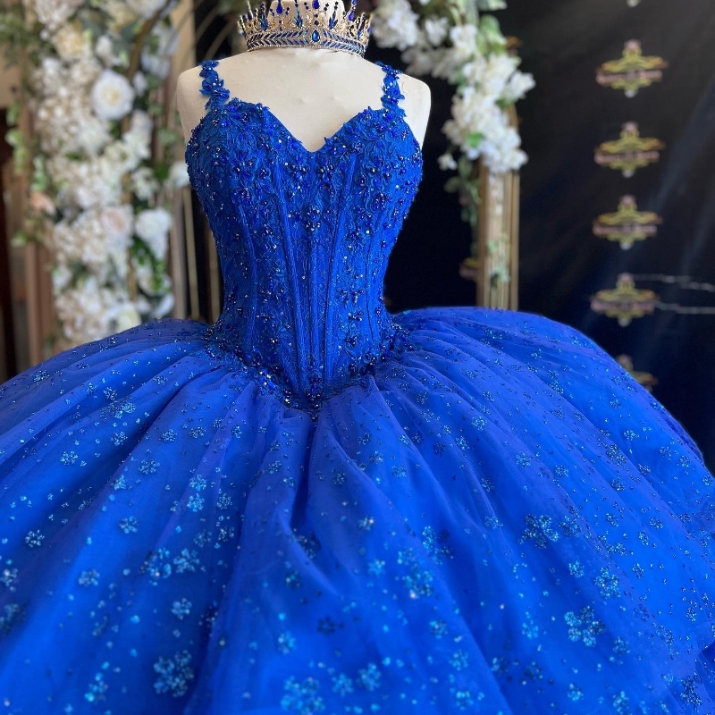 Blue Shiny Sweetheart Quinceanera Ball Gown Lace Crystal Beads Sweet 16 Dresses Party Gowns vestidos de 15