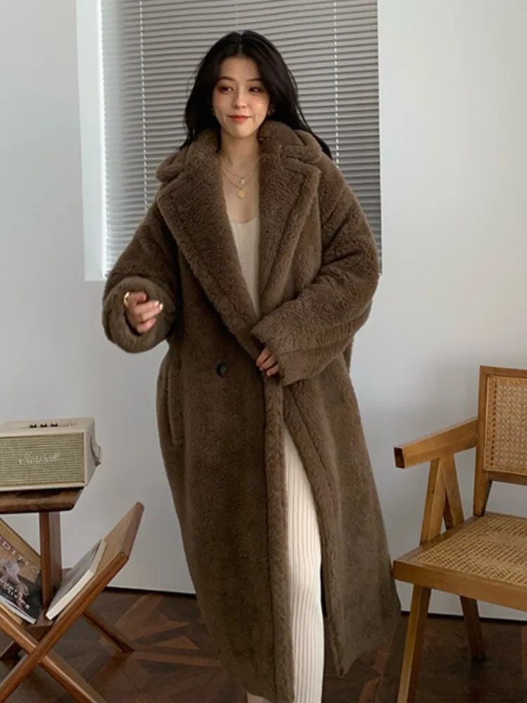 Women's Wool Blends JuneRain Women Winter Longer Faux Fur Warm Coat Long Sleeve Vintage Female Thick Teddy Bear Coat Casual Loose Oversize Outwears 231129