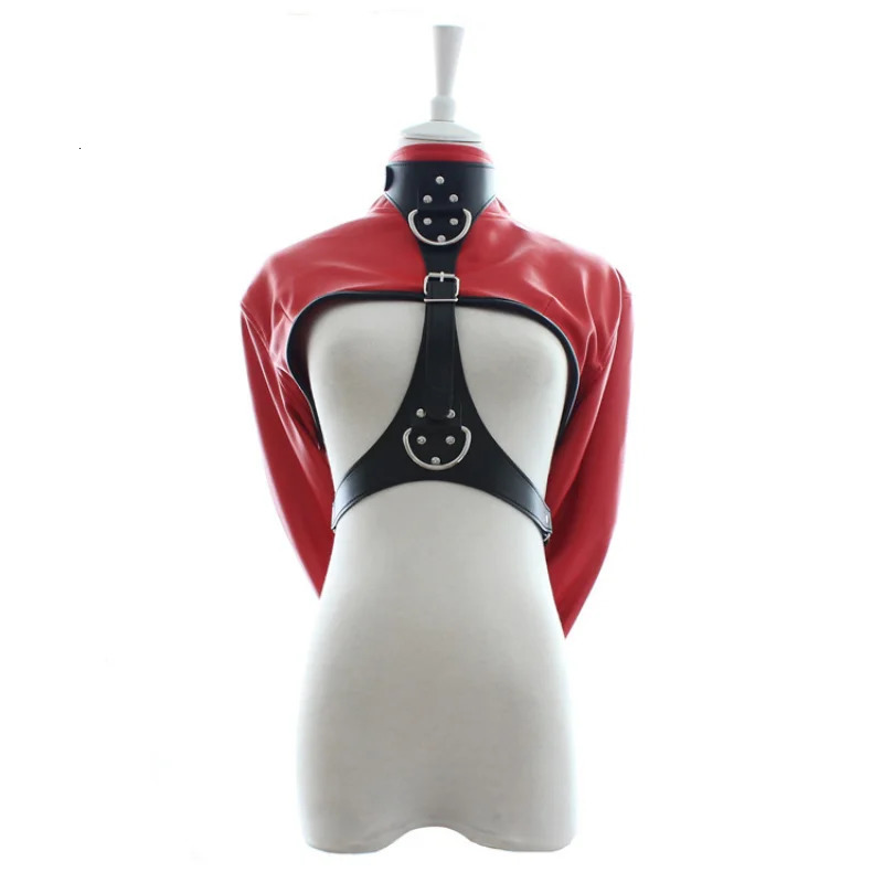 Sexy Set Red/Black Female BDSM Bondage Open Breast PU Leather Straitjacket Restraint Jacket Long Sleeves Play Flirting Women 231130