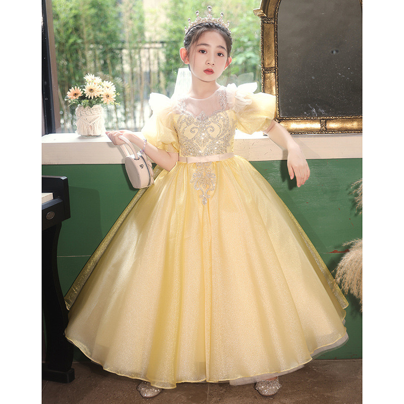 yellow sequined Flower Girls Dresses For Weddings Ruffles Lace Tulle Pearls Backless Princess Children Wed Birthday for Kid Child prom Ball Gown Even 