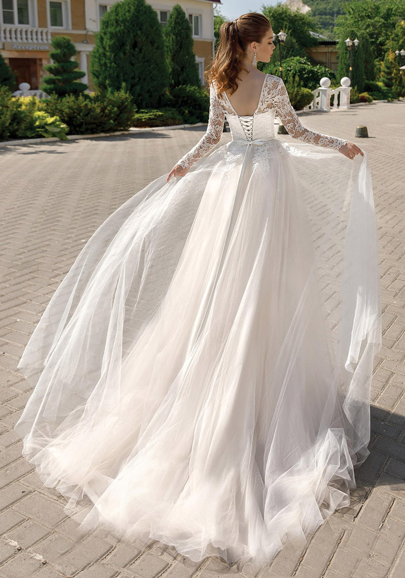 Applique Lace-Up Mordern Wedding Gown For Bride Attractive Long Sleeve A-Line Jewel Sheer Neck Tulle Personalised