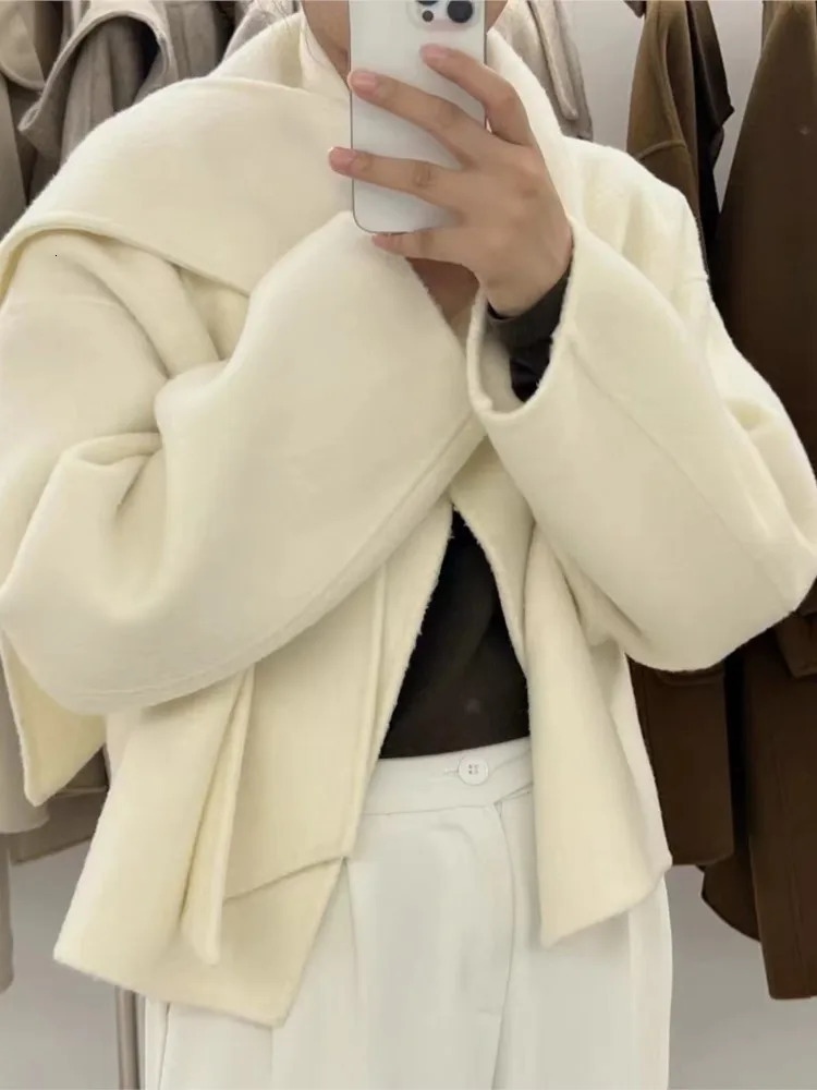 Women Blends 2023 Autumn Winter Scarf Collar Short Double sided Cashmere Coat Round Neck Casual Loose Streetwear Fashion 231130