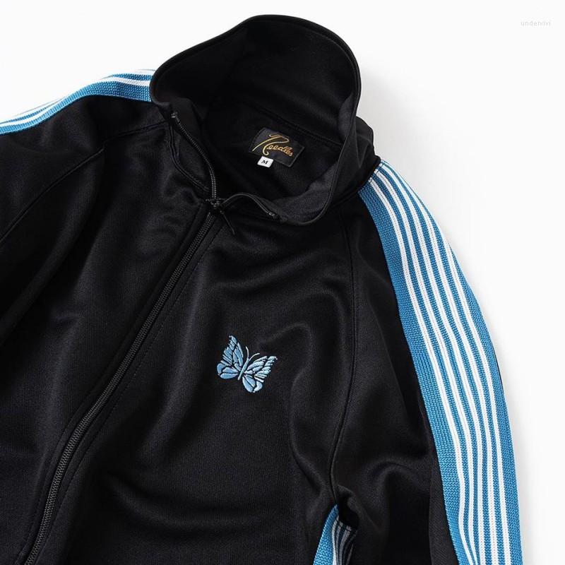 Men's Pants 23ss Needles AWGE Jackets Blue Butterfly Embroidery Stripes Black Sweatpants Tracksuit For Men Women