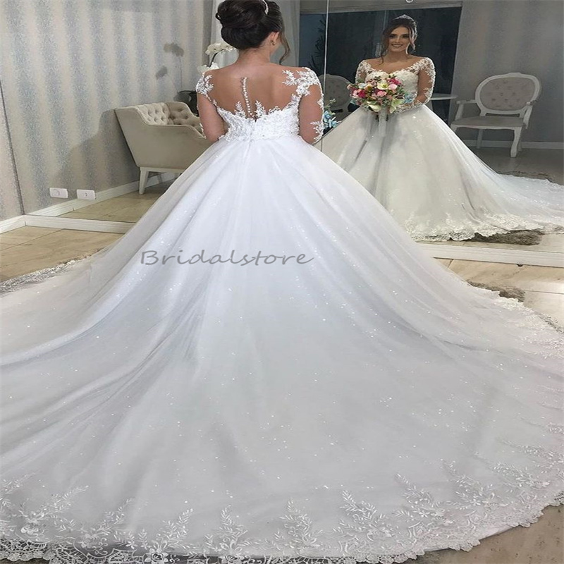 Princess Wedding Dress Bling Ball Gown Hispanic Country Style Boho Bridal Gowns Appliques Lace Long Sleeve Court Train Dream Latest Greek Bride Extrav