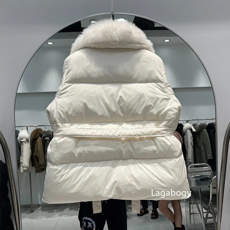 Women s Down Parkas Lagabogy 2023 Real Fur Winter Women Puffer Coat White Duck Jacket Female Loose Warm Short Snow Outwear With Belt 231130