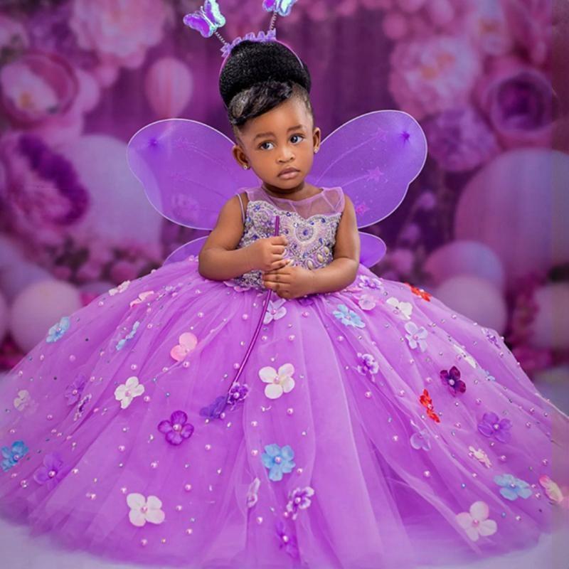 Purple Cute Flower Girl Dresses Tiered Pearls Hand Made Flowers Lace Beaded Princess Queen Ball Gowns Girls' Dress For Wedding Little Kids Birthd