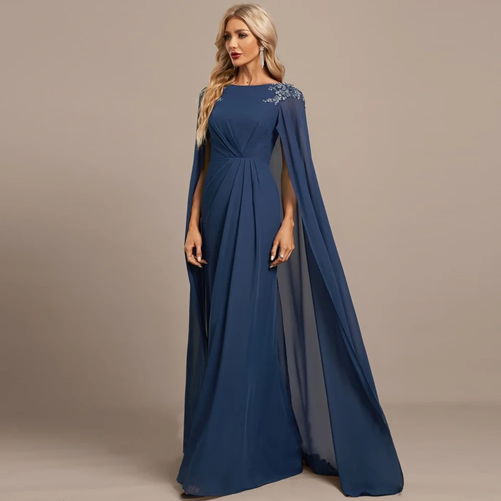 Elegant Navy Chiffon Mother Of The Bride Dresses Cape Sleeves Lace Appliques Long Wedding Guest Dress 2024 Women Prom Evening Gowns Plus Size Party Ve