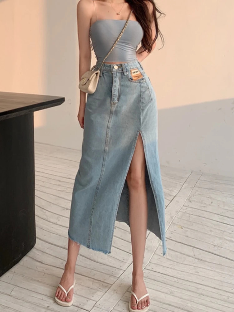 Skirts DEEPTOWN Long Denim Skirt Vintage Women Solid High Waist A LINE Slim Korean Style Jean Slit Midi Summer Fashion Girl 231130