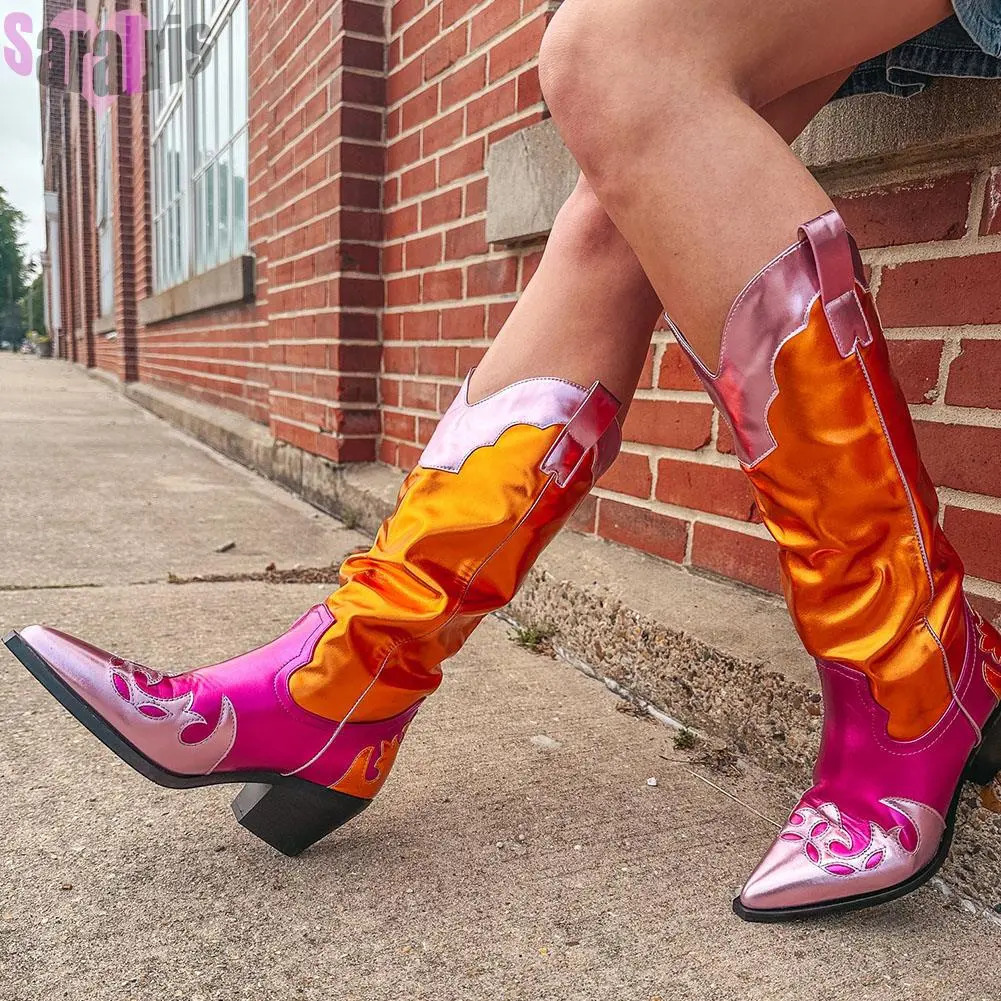 Boots Fashion Women Cowboy For Chunky Heels Metal Colorful Cowgirl Western Mid Calf Woman Vintage Shoes Plus Size 231130