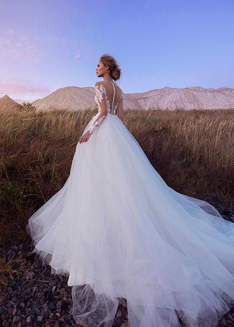 Sash Hollow Covered Button Mordern Wedding Gown For Bride Attractive Long Sleeve A-Line Applique V-Neck Sheer Neck Tulle Personalised