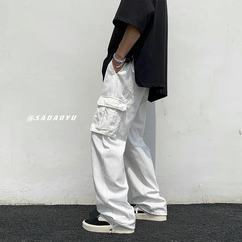 Men's Black & White Wide Leg Cargo Pants - Loose Fit, Cotton Blend, Casual Streetwear