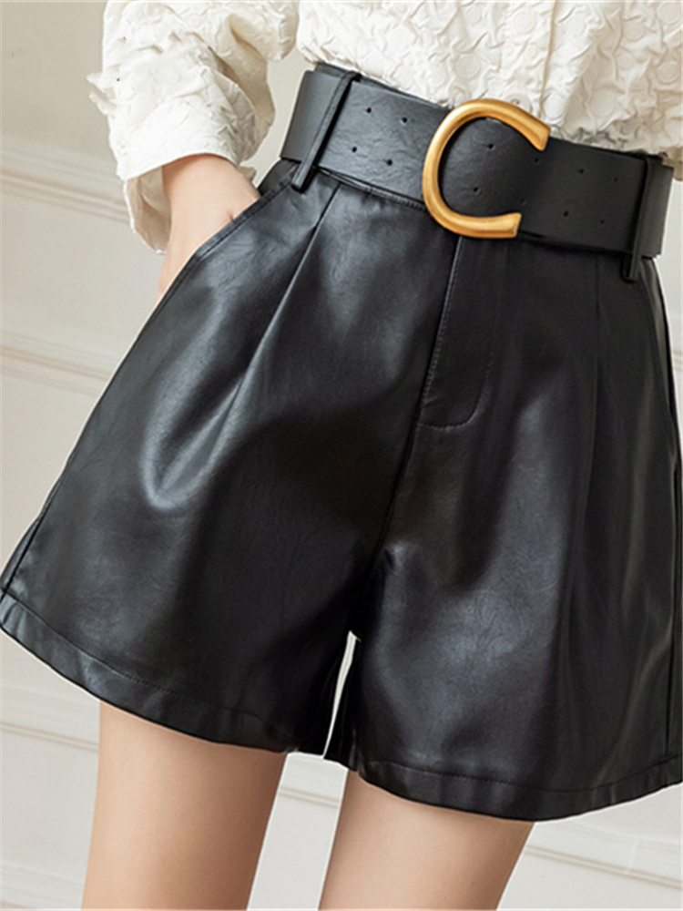 Women's Shorts Seoulish Green Women's PU Leather Shorts with Belted Stylish Pocket Elegant Casual Shorts Trousers Female Autumn Winter 23042