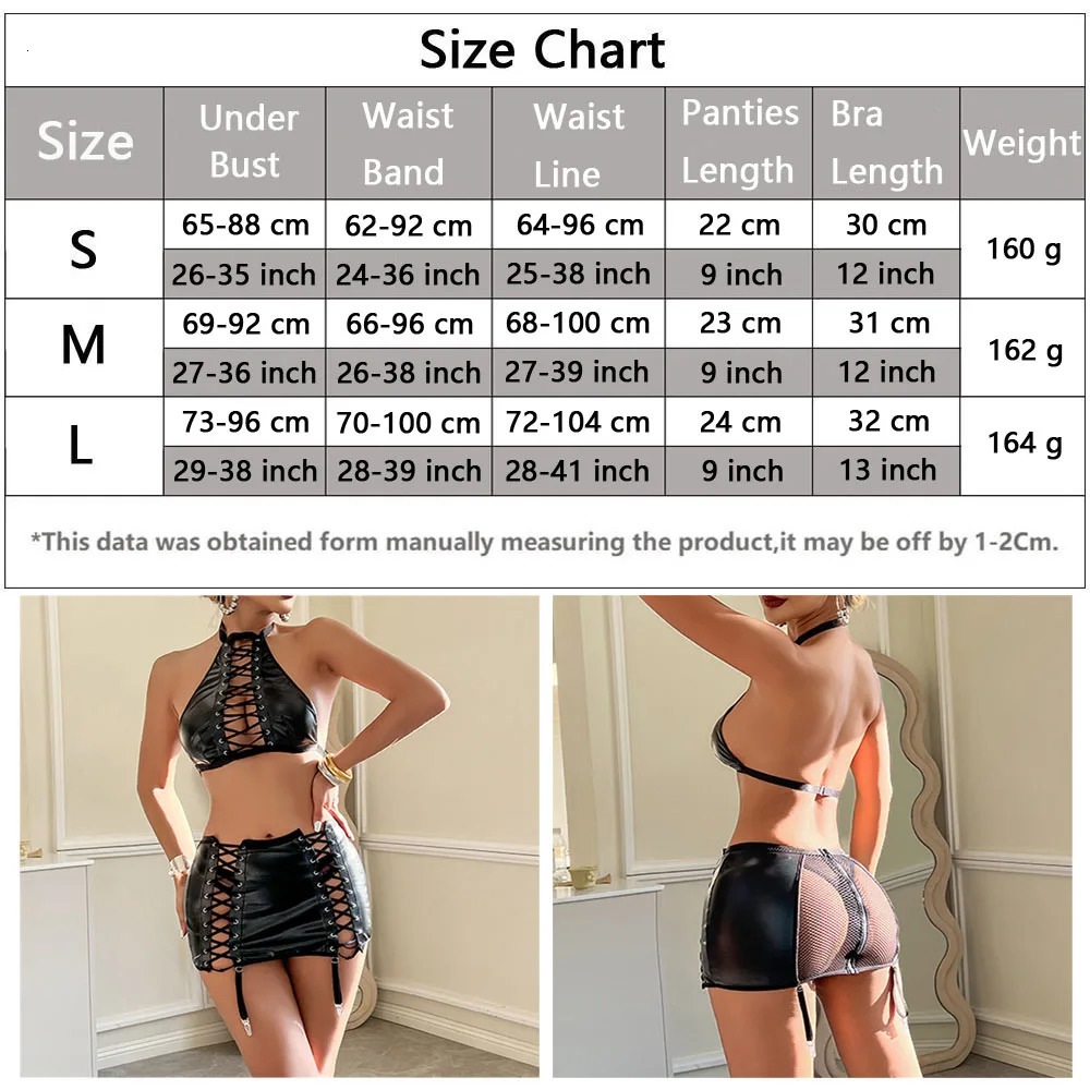 Sexy Set Leather Lingerie 3-Piece Bandage Bra Mini Skirt Latex Underwear Sets Women Black Naughty Outfit Nightclub PVC Sexy Sets 231130 - view 3