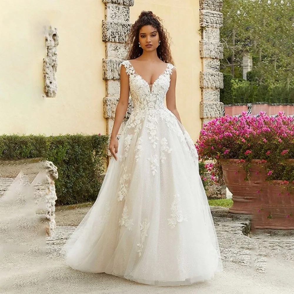 New A Line V Neck Wedding Dress For Women 2024 Backless Boho Bridal Gowns Lace Appliques Tulle Vestido De Novia