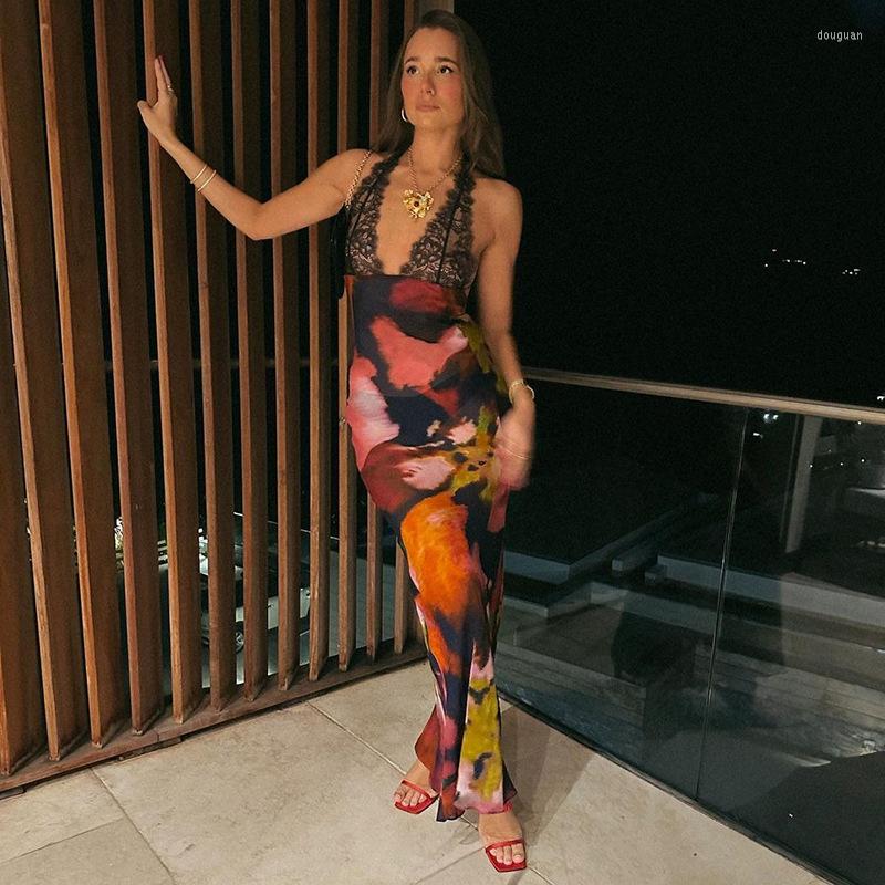 Casual Dresses Elegant Print Sleeveless Lace Maxi Dress For Women 2023 Summer Holiday Beach Sexy Backless Long Vestido Clothes