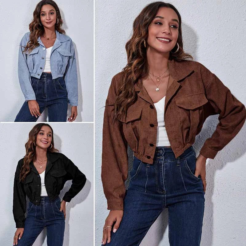 Womens Jackets Elegant Cropped Jacket Coat Women Long Sleeves Overshirt Chic Lady High Street Casual Loose Coats Top Button Up Female 231129