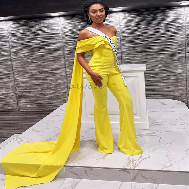 Elegant Yellow Jumpsuit Prom Dress With Cape Beaded Plus Size Satin Dubai Evening Dress 2024 Abaya Celebrity Black Girls Formal Occasion Birthday Dres