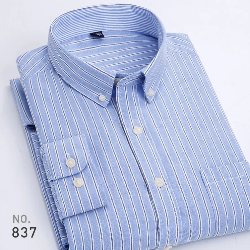 Men's Casual Shirts High Quality Mens Cotton Oxford Striped Single Patch Pocket Long Sleeve Regular-fit Comfortable Casual Button-collar Shirt 23