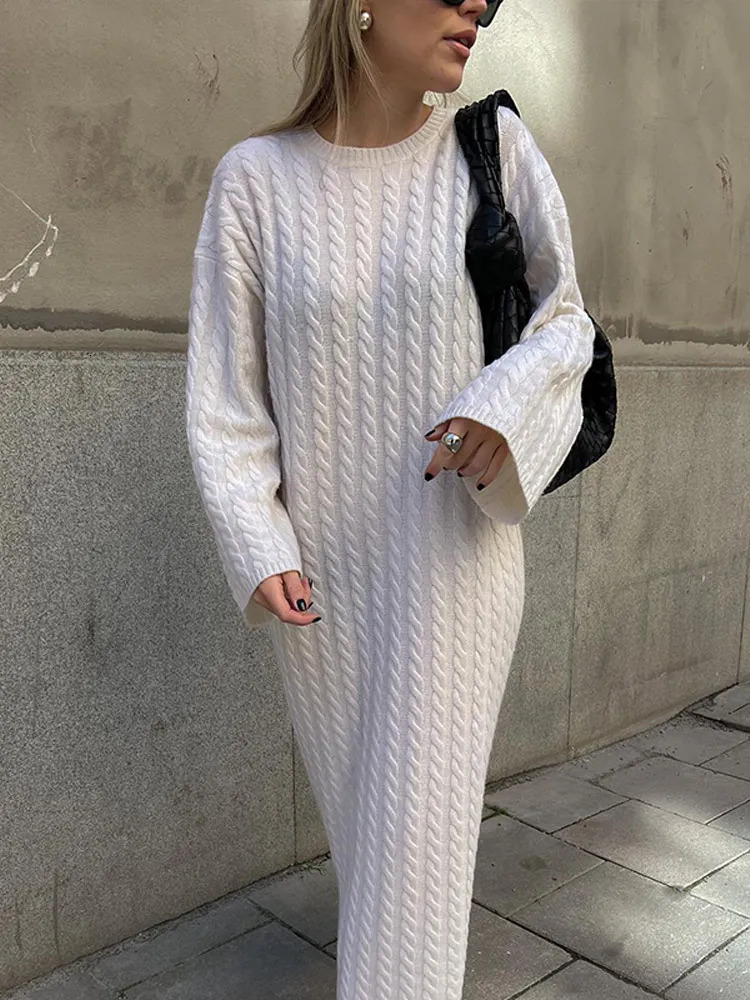 Basic Casual Dresses Solid Women Ribbed Knitted Midi Dress Casual Loose O-neck Long Sleeve Lady Dresses Autumn Female Chic Streetwear Robe 231129