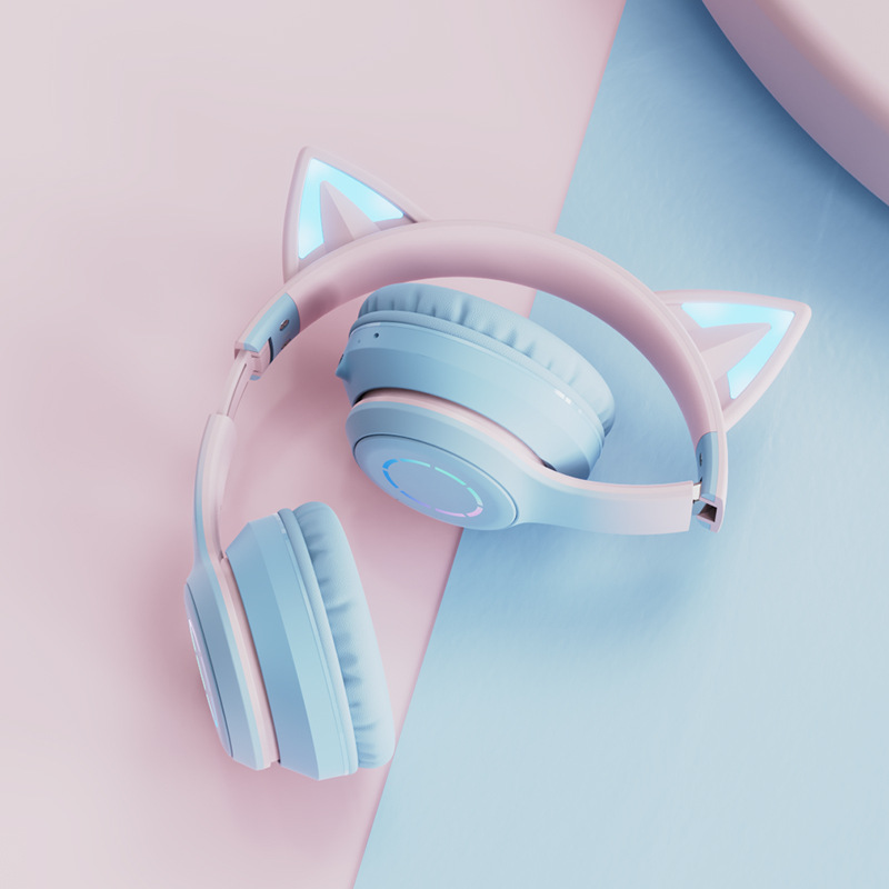 Headphones Gradient pink cat ear Headphones with microphone for kawaii girl kids phone mp3 Hi-Fi stereo music glowing wireless Earphones