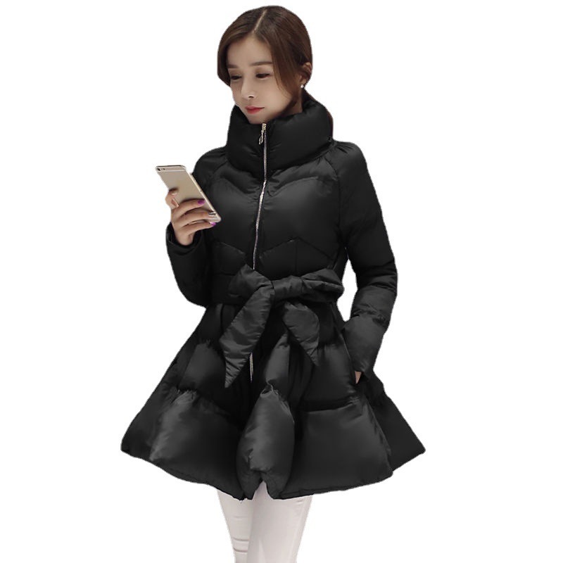 Women S Down Parkas EAM Black Bandage Bow Cotton Padded Coat Long Sleeve Loose Fit Women Fashion Autumn Winter WC69101S 230106