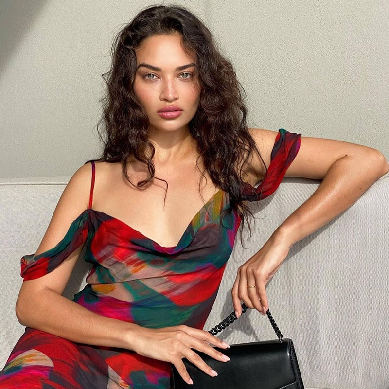Party Dresses Cryptographic Fashion Print Mesh See Through Sexy Slip Maxi Women Summer Holiday Sleeveless Club Elegant 230428